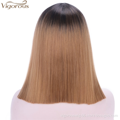 Vigorous 14 inch Short Straight Bob Hair Synthetic Wigs For Women 2 Tone Ombre Brown Color Wigs Middle Part Glueless Cosplay Wig